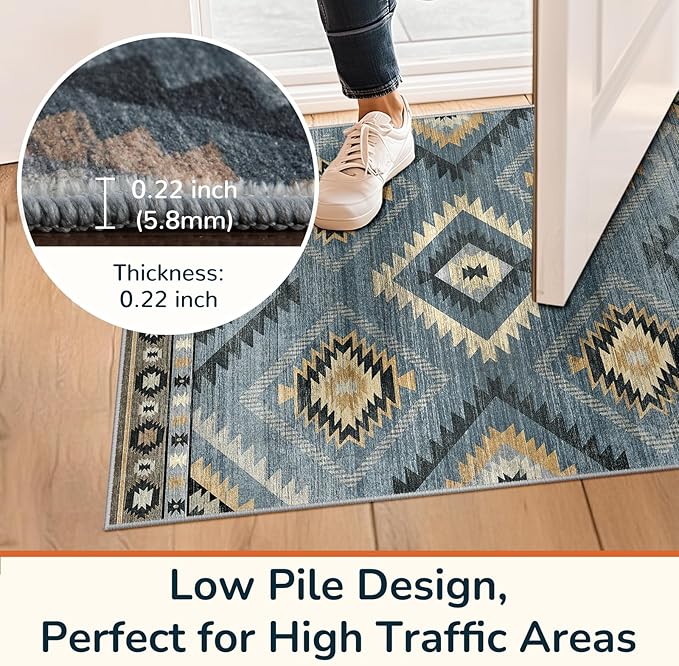 BESTSWEETIE Area Rug 8x10 Rug Machine Washable Non-Slip Low Pile Print Pattern Western Rug for Living Room Bedroom Navy/Grey