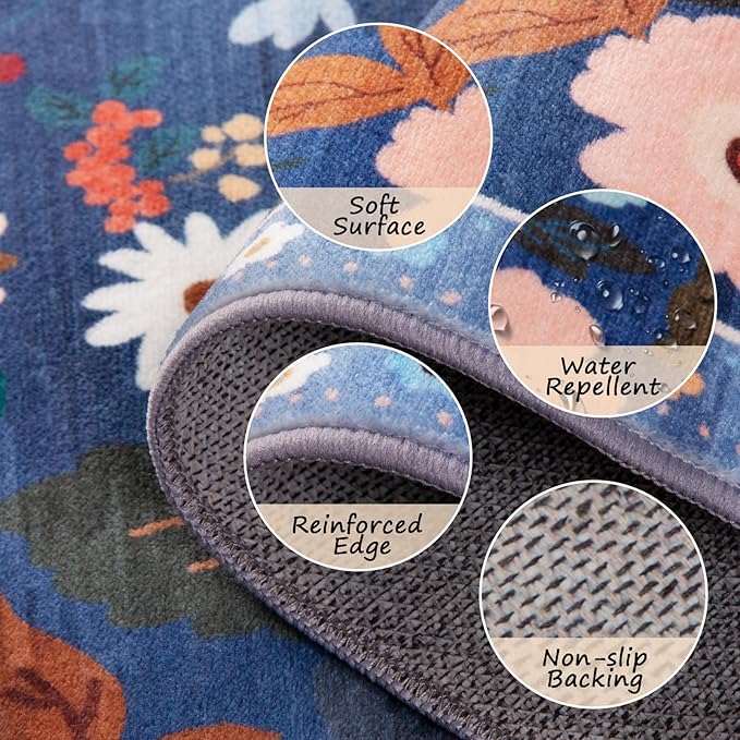 Floral 8ft Area Rug Machine Washable Soft Print Boho Carpet Non Slip Doormat Low Pile Flower Area Rugs for Living Room Bedroom Nursery Kitchen Dining Room Indoor-Blue/Grey