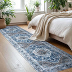 KOZYFLY Runners for Hallways 2x8 Ft Washable Kitchen Runner Rug Boho Runner Rug for Entryway Indoor Blue Printed Oriental Faux Wool Floor Carpet Runner for Bedroom Kitchen Hall