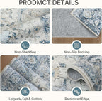 9x12 Area Rugs for Living Room, Machine Washable Non Slip Vintage Rugs, Low Pile Lightweight Print Rug for Bedroom, Dining Room, Home Office, Blue