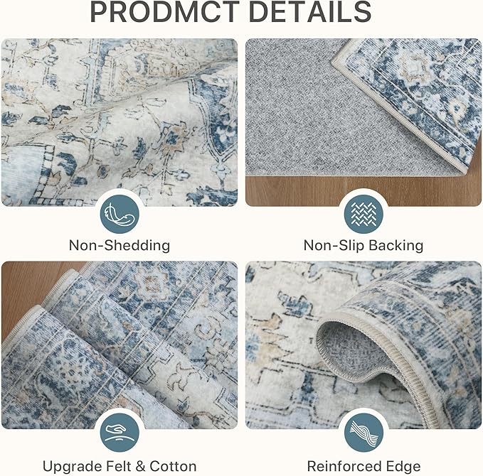 4x6 Area Rugs for Living Room, Machine Washable Rug, Non Slip Vintage Rugs, Low Pile Lightweight Print Rug for Bedroom, Dining Room, Home Office, Blue