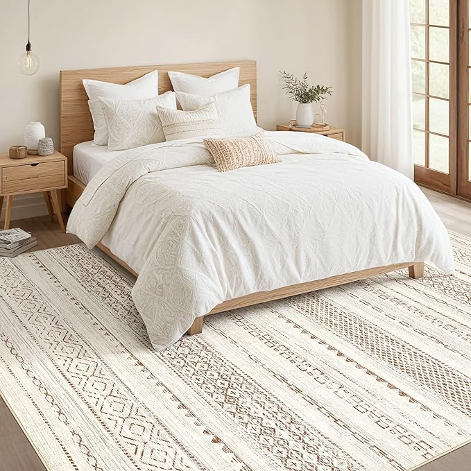 Nakagishi 12x15 Area Rugs Living Room: Washable Boho Large Neutral Modern Soft Farmhouse Rug Stain Resistant Indoor Non-Slip Accent Carpet for Bedroom Nursery Kids Playroom Office Dining Room- Brown
