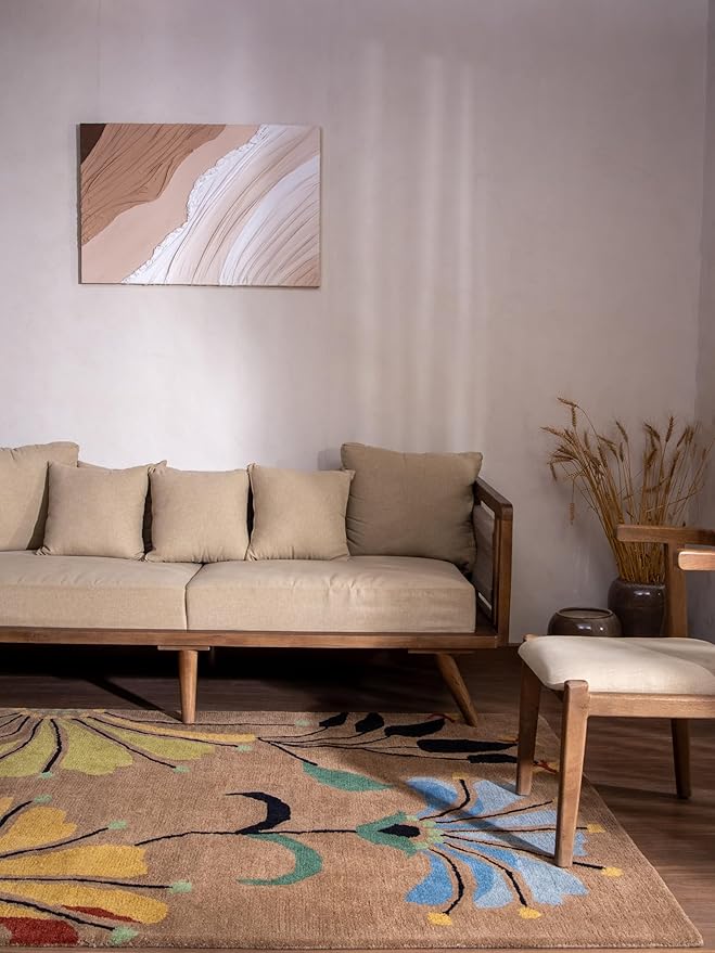 Rugsotic Carpets Hand Tufted Wool ECO-Friendly Area Rugs - 5'x8', Rectangle Shape, Camel, Floral Modern Design, High Pile Thick Handmade Anti Skid Area Rugs for Living Room, Bed Room (K00219)