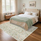 Washable Living Room Rug: 6x9 Boho Floral Soft Area Rug for Bedroom Decor - Vintage Low Pile Thin Carpet for Dining Room Non-Slip - Farmhouse Stain Resistant Rugs - Beige Green