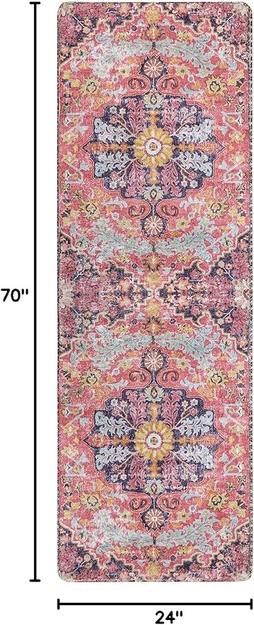 Lahome Bohemian Floral Medallion Runner Rug - 2x6 Hot Pink Hallway Runner Laundry Mat, Machine Washable Non-Slip Soft Indoor Carpet for Bathroom Bedside Basement Camper Home Decor, Fuchsia/Multi