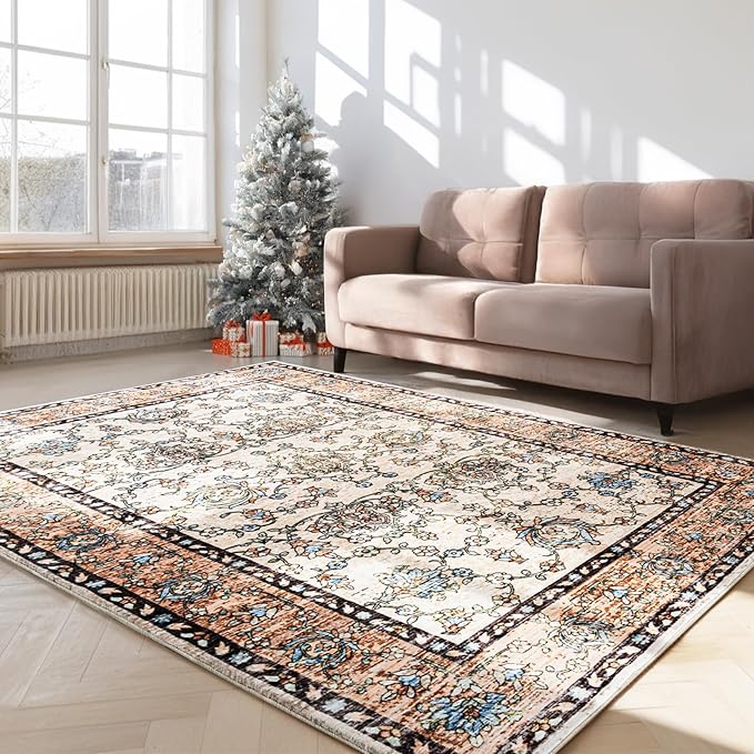 4x6 Washable Area Rug – Ivory and Beige Vintage Carpet with Charcoal Border, Floral Scroll&Geometric Lattice Pattern, Boho Non-Slip Indoor Mat for Living Room, Bedroom, Dining Room, Entryway