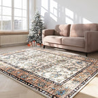 Area Rug for Living Room, 6x9 Machine Washable Non Slip Large Faux Wool Throw Rug, 0.3″ Low Pile & Non-Shedding Boho Large Carpet Rugs for for Dining Room, Bedroom, Office (Khaki)