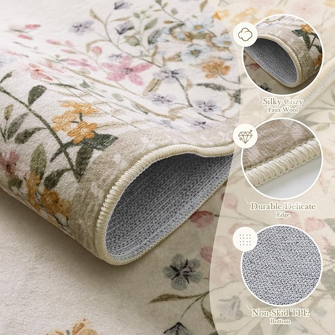 Wonnitar Washable 6x9 Area Rugs, Large Living Room Rug, Non-Slip Soft Floral Rugs for Bedroom, Botanical Area Rug Carpet for Dining Room Guest Room (Beige,6'x9')