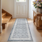 jinchan Floral Runner Rug 2x5 - Machine Washable Grey Vintage Distressed Design Soft Non-Slip Low-Pile Ultra-Thin Runner Rug for Kitchen Hallway Laundry Room Entryway Farmhouse (2‘x5', Grey)