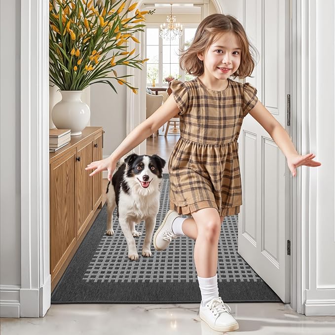 LUMI Inside Door Mat for Entry 36''x59'', Absorbent, Dirt Trapper, Low Profile Thin, Non Slip Mats with Rubber Backing, Ideal for Indoor, High Traffic, Garage, Entrance, Checkered Grey