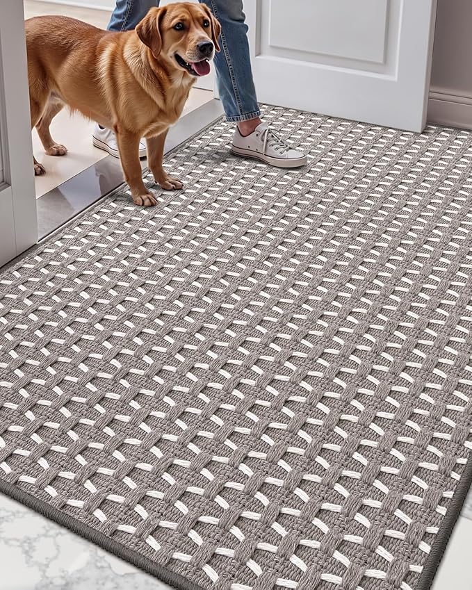 LUMI Handwoven Indoor Door Mat 32"x47", Non-Slip Low Profile Checkered Inside Doormat, Comfort Weave Grid Pattern Floor Mats, Taupe