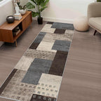 Modern Geometric Patchwork Indoor Runner Rug for Living Room, Blue-Taupe 2.7'x 10' Rug Rockwood Collection Hardwood Floors Decor for Bedroom, Blue Throw Carpet for Office Entryway Dining Room