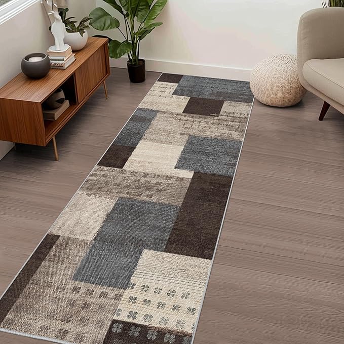 Modern Geometric Patchwork Indoor Runner Rug for Living Room, Blue-Taupe 2'x 6' Rug Rockwood Collection Hardwood Floors Decor for Bedroom, Blue Throw Carpet for Office Entryway Dining Room