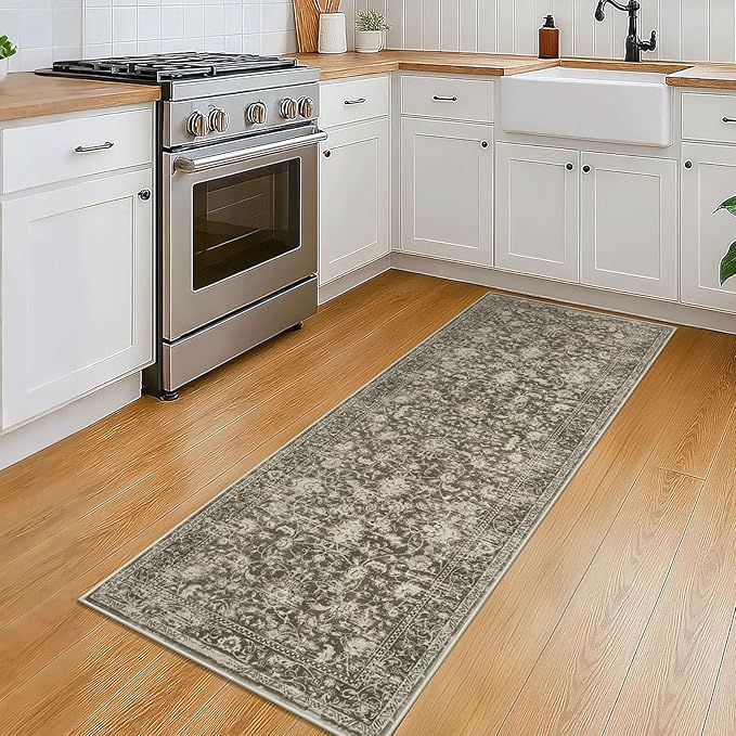 KILOCOCO Hallway Runner 2x5 Kitchen Runner Rug Printed Vintage Floral Washable Non-Slip Runners for Hallways Laundry Room Rugs Distressed Boho Rug Runners for Bedroom, Taupe/Green