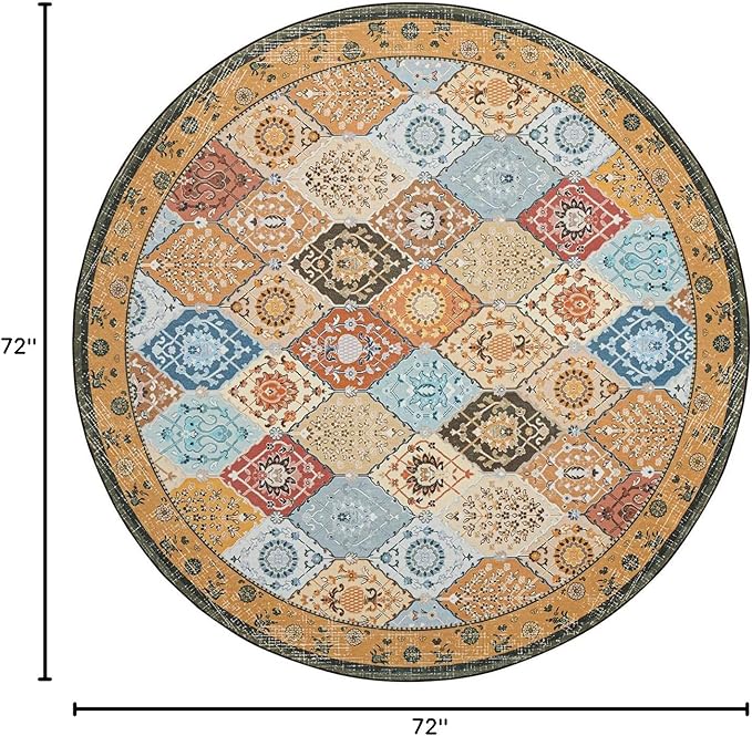 Phantoscope Washable Round Area Rug 6ft Non-Slip, Vintage Boho Rugs for Living Room, Bedroom, Dining Room, Distressed Moroccan Mosaic Diamond Pattern, Low-Pile Foldable Floor Carpet, Terracotta/Rust