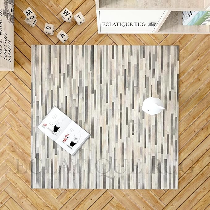 4x6 Cowhide Leather Rug, Modern Stripes Design, Dark Grey Area Rug for Living Room & Home Decor