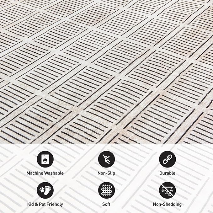 Rugshop Bohemian Stripe Lines Washable Non Slip Area Rug 3' x 5' Ivory