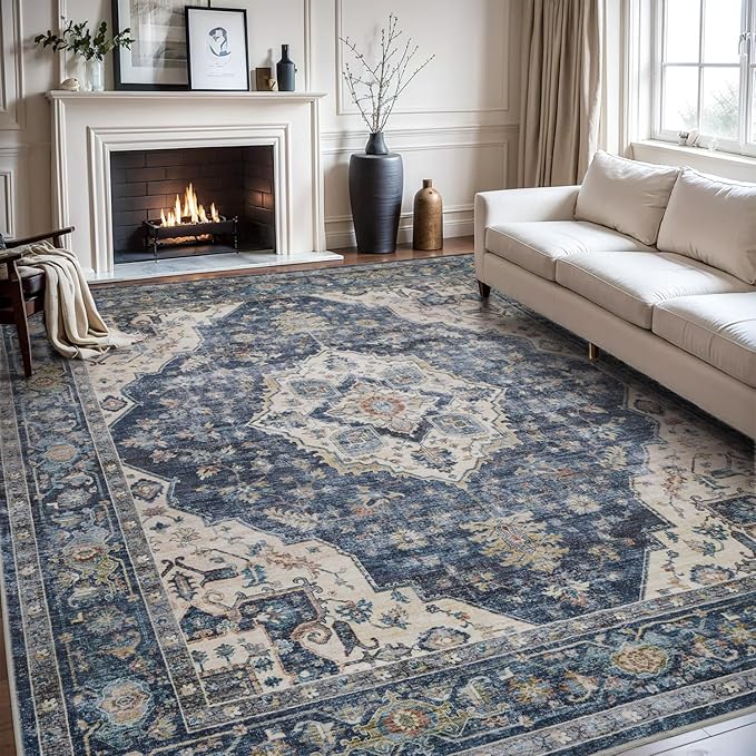 AMOAMI-Area Rug 9X12 Rugs for Living Room-Vintage Soft Blue Rugs for Bedroom-Non Slip Carpet-Washable Rug for Dining Room Living Room Bedroom Office Under Table