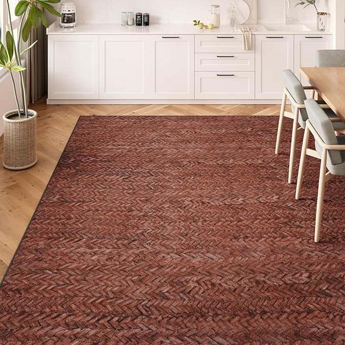 Eleisa Modern Vintage 9x12 Herringbone Chevron Area Rug, Non-Slip Stain Resistant Washable Rug, Wine & Red Large Rug for Living Room, Farmhouse Carpet for Bedroom, Kitchen, Dining Room, Home Office