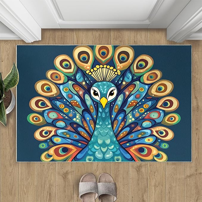 Boho Peacock Rugs for Living Room - 5x8 Rug, Peacock Decor Area Rugs for Bedroom, Teal Turquoise Rug, Modern Style Washable Carpet, Aesthetics Carpet - Peafowl Home Decor & Gifts