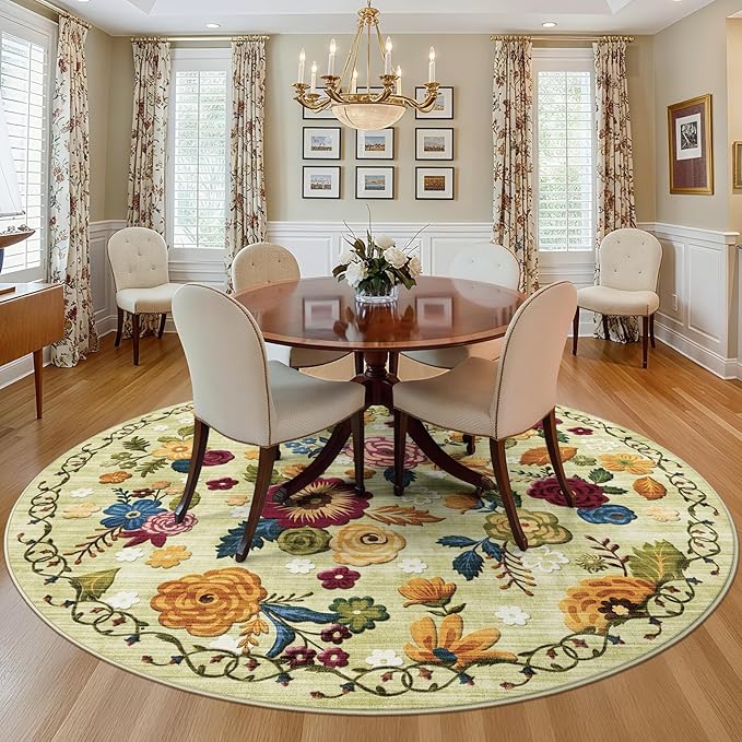 6ft Round Machine Washable Area Rug for Living Room, Green Vintage Boho Floral Rug Large Non-Slip Low Pile Soft Faux Wool Carpet, Kids and Pets Friendly for Bedroom Nursery Farmhouse Home Decor Rug