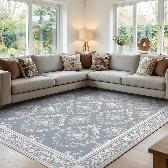 SOULFUL Medium Pile 4x6 Rugs for Living Room - Soft Underfoot Area Rug - Greige Boho Floral - Washable Non-Slip - Perfect for Bedroom Kids Room Under Dining Table Office