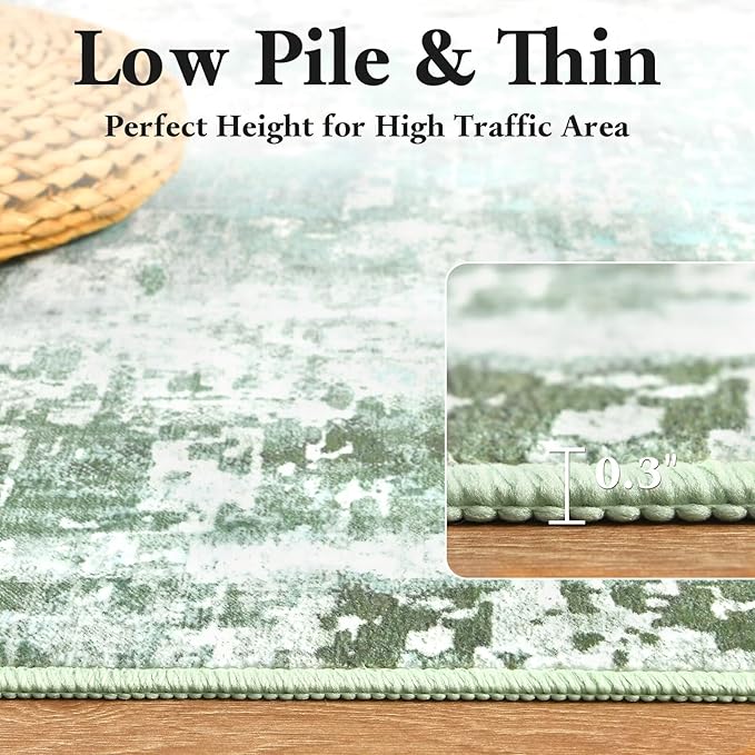 Washable Abstract Rug, 4x6 Modern Area Rugs with Non-Slip Rubber Backed for Living Room, Thin but Soft Contemporary Carpet Kitchen Bedroom Decor, Green