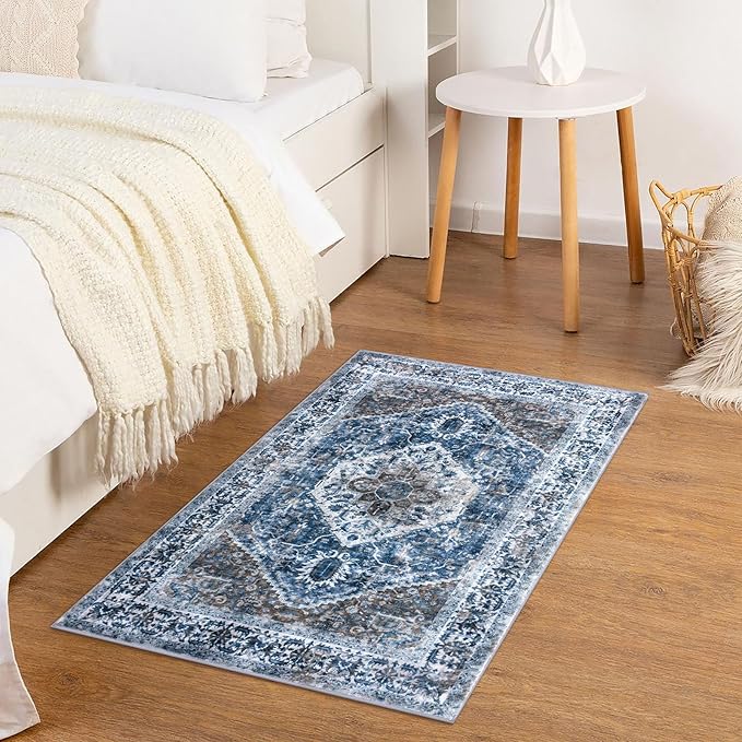 KOZYFLY Small Area Rug 2x3 Ft Rugs for Entryway Washable Boho Entry Rug Non Slip Door Mat Indoor Entrance Blue Printed Faux Wool Vintage Printed Kitchen Rug Throw Rugs for Entrance Kitchen Bathroom