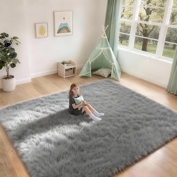 8x10 Solid Fluffy Grey Area Rug – Washable, Durable, Extra Large Living Room Rug, Non-Slip High Pile Shag Rugs for Bedroom, Playroom, Nursery Rooms, Kids Room, Soft Indoor Floor Carpet Decor