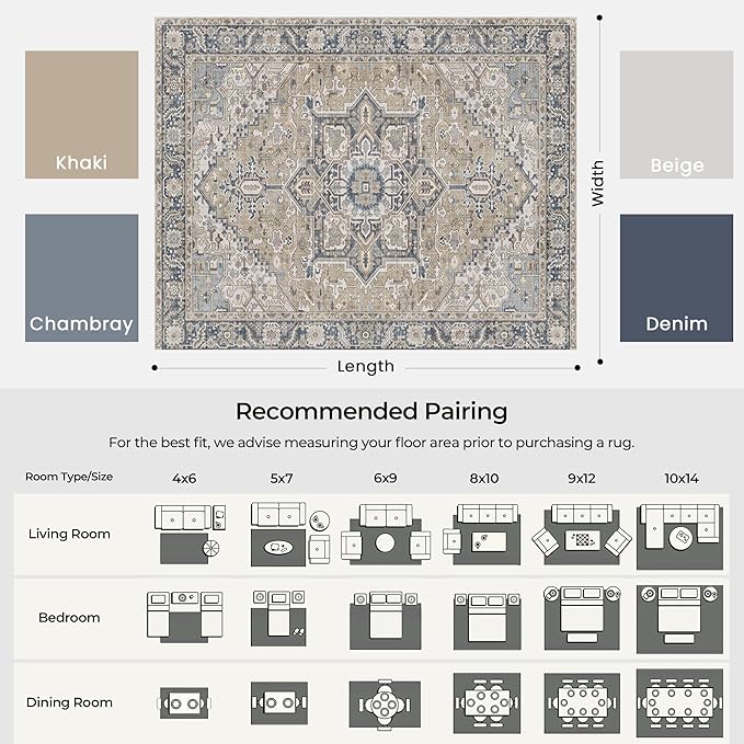 Kokia 8x10 Washable Area Rugs Blue with Vintage Orient Design, Soft Rug for Living Room or Bedroom, Non-Slip Low Pile Stain Resistance Features, Distressed Medallion Pattern