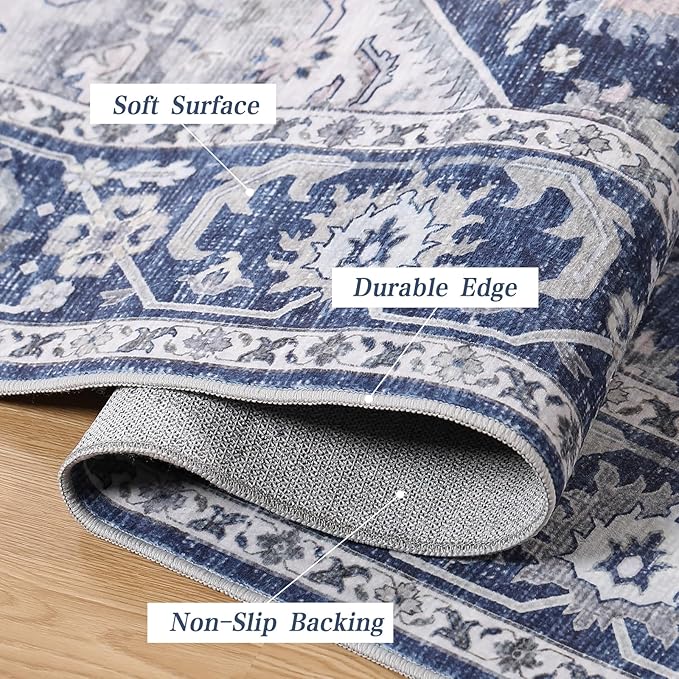 DUKINO 8x10 Rugs for Living Room, Vintage Non-Slip Washable Area Rugs, Faux Wool Bedroom Rug with Non-Shedding, Indoor Low-Pile Boho Rugs for Dining Room, Farmhouse, Blue
