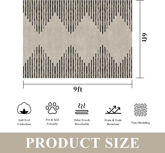 HelloTree Area Rug for Living Room 6x9 Washable Geometric Moroccan Rug Stripe Farmhouse Bohemian Minimalistic Non Slip Non Shedding Ultra Thin Soft Rug for Bedroom Office DiningRoom Nursery-Cream