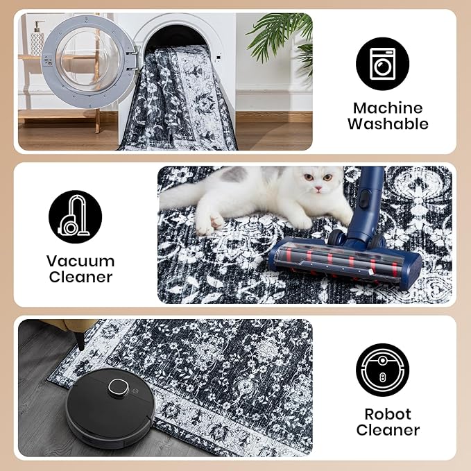 Area Rug 5x7, Washable Faux Wool Throw Rugs for Living Room, 0.3″ Non Slip Low Pile Vintage Boho Carpet for Ding Room, Home Office, Bedroom, Kids Room, Bedside (Black White)