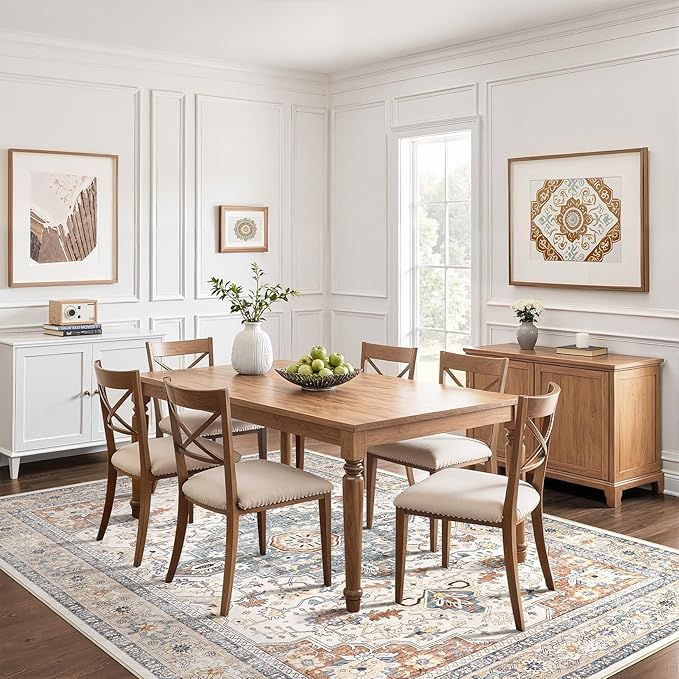 5x7 Area Rugs Living Room: Washable Boho Large Neutral Vintage Soft Rug Stain Resistant Distressed Farmhouse Non-Slip Indoor Floor Carpet for Bedroom Nursery Kids Office Dining Room- Beige Blue