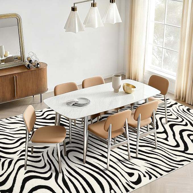 YIHOUSE 8×10 Ft Area Rugs for Living Room: Modern Washable Rug - Abstract Black and Cream White Rug for Bedroom Dining Room Office Playroom Nursery Home Decor - Nonslip Non-Shedding Striped Rugs