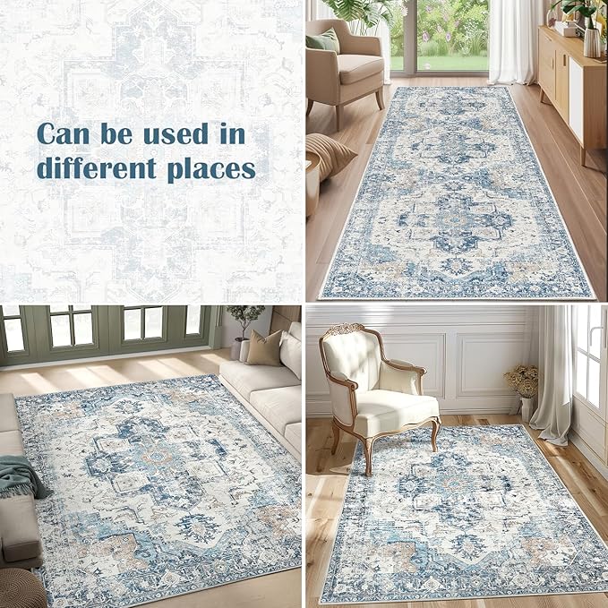 jinchan Runner Rug 2x6 Hallway Rug Kitchen Washable Runner Vintage Mat Retro Print Lightweight Non-Slip Accent Floor Cover Distressed Thin Carpet for Entryway Bathroom Bedroom Laundry Room Blue