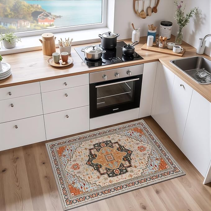 2x3 Orange Beige Small Area Rug for Entryway, Soft Washable Rugs with Non-Slip Backing for Bedroom Kitchen, Vintage Throw Carpet Laundry Entry Front Door Decor