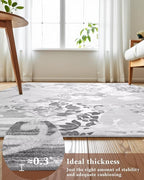 Washable Abstract Rug, 9x12 Classic Grey and White Floral Area Rugs with Non-Slip Rubber Backed for Living Room, Low Pile Modern Throw Carpet Bedroom Dining Room Decor
