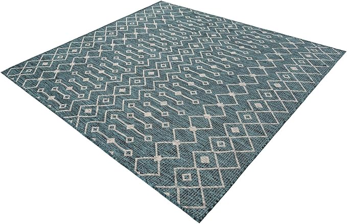 Unique Loom Outdoor Trellis Collection Area Rug - Tribal Trellis (6' 1" Square Teal/Ivory)