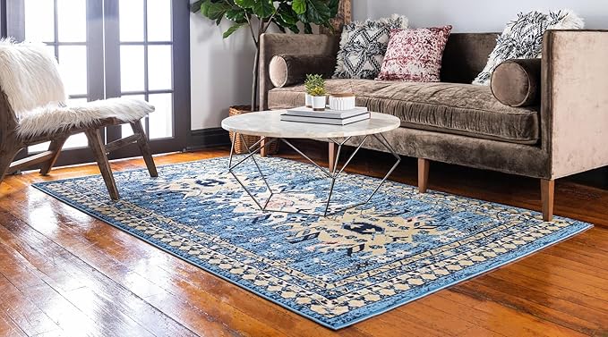 Unique Loom Taftan Collection Border Geometric Tribal Inspired Design Area Rug (6' 0 x 9' 0 Rectangular, Light Blue/ Gold)