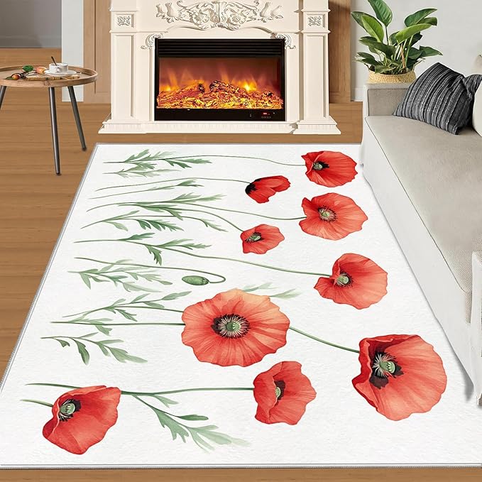 Little Red Flower Rugs for Bedroom - 3x4 Area Rug - Abstract 3D Flowers Rugs for Living Room, Modern Simple Art Rug, Non-Slip Washable Home Decor Carpet