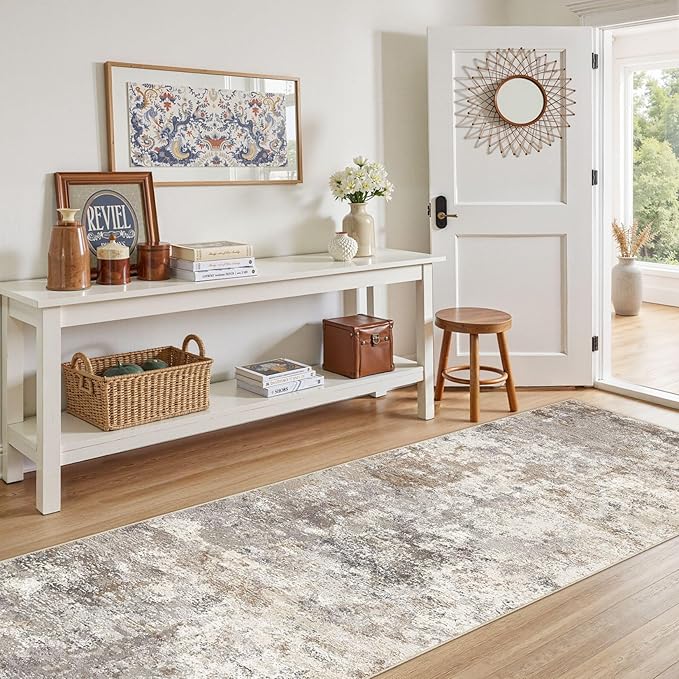 3X8 Washable Runner Rug for Hallway: Soft Neutral Modern Abstract Area Rug - Non-Slip Low Pile Long Throw Indoor Carpet for Kitchen Entryway Kitchen Bedroom Laundry Bathroom - Brown Grey