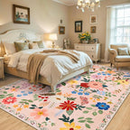 Area Rug Living Room Rugs: Floral 4x6 Washable Rug Vintage Soft Boho Non-Slip Carpet Indoor Floor Stain Resistant Large Carpets for Bedroom Dining Room Farmhouse Nursery Hallway Home Office Beige