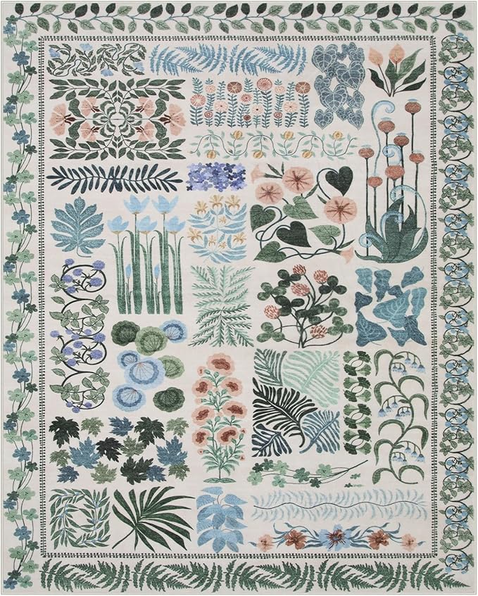 Floral Boho Washable Area Rug for Bedroom, Large Botanical Living Room Rugs 8x10, Non Slip Soft Indoor Throw Carpet for Home Office Nursery Dining Room Playroom (Beige,8 x 10)