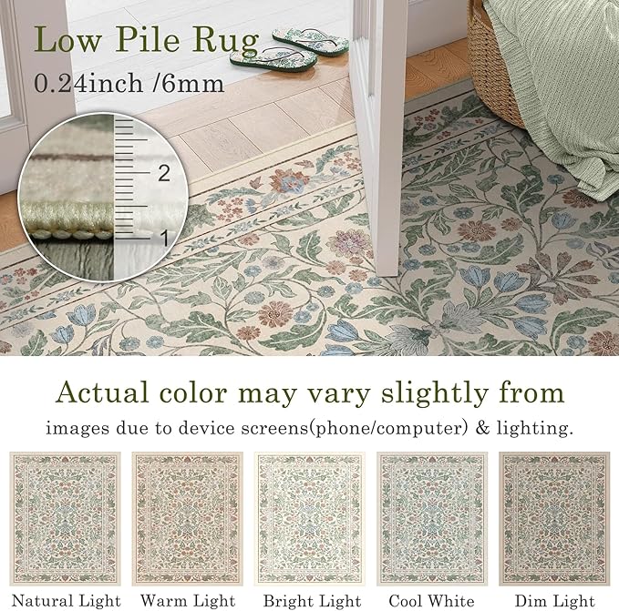 Beige Floral 8x10 Area Rugs for Living Room Large Washable Rug Vintage Forest Low Pile Non Slip Stain Resistance Soft Carpet for Dining Room, Bedroom, Office Rug, Kids Room, Nursery Room, Playroom