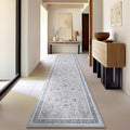 Phantoscope Washable Runner Rug 2'x10' Non-Slip, Vintage Neutral Hallway Rugs for Entryway, Stair, Bedroom, Distressed Boho Floral Medallion Pattern, Low-Pile Foldable Carpet, Light Grey/Neutral