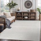 CAMILSON Modern Rug 8x10 Luxury Striped Line Micro Loop Area Rugs Soft High-Low Pile Stain Resistant Easy to Clean Non-Shedding Durable Living Room Kitchen Indoor Carpet (White)
