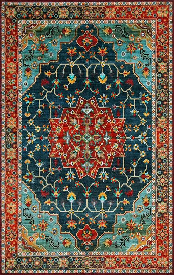 WILLSUN Washable Area Rugs, 9x12 Non-Slip Boho Large Area Rugs for Living Room, Bedroom, Machine Washable Vintage Rug, Indoor Floral Print Carpet for Home Decor, Kid & Pet Friendly Mat