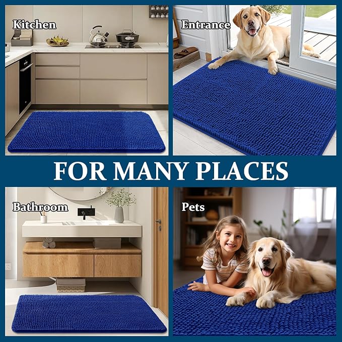 OLANLY Dog Door Mat for Muddy Paws 30x17, Absorbs Moisture and Dirt, Absorbent Non-Slip Washable Doormat, Quick Dry Chenille Mud Mat for Dogs, Entry Indoor Entryway Carpet for Inside Floor, Royal Blue
