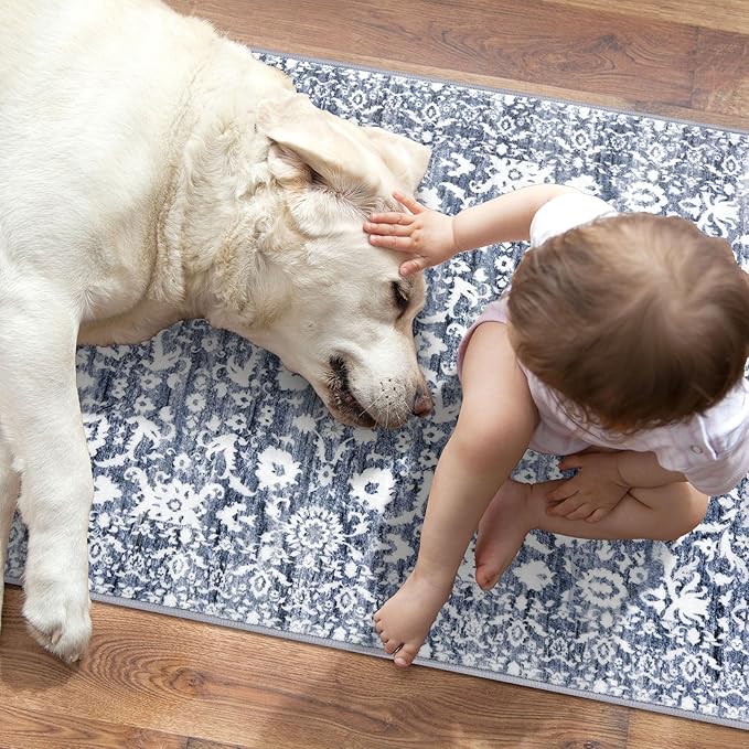 Vintage Floral 2.6x8 Runner Rug, Light Blue White Washable Kitchen Runner Rug Non-Slip Hallway Rug Runner Thin Printed Faux Wool Super Soft Carpet for Entryway Bedroom Laundry Room Indoor